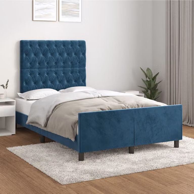 The Living Store Struttura letto con testiera in velluto blu scuro 120x200 cm
