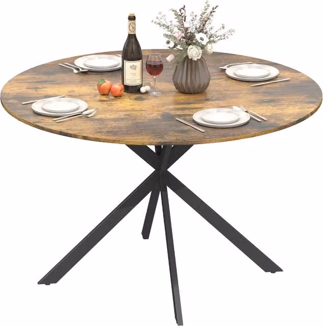 Tavolo da pranzo rotondo Minimal in legno composito marrone con gambe in metallo stile industrial, Diametro: 120 cm, Altezza: 75 cm