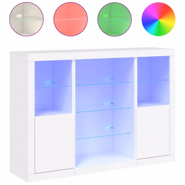 Set di 3 Credenze Moderne con Luci LED Integrate in Legno Multistrato Bianco Opaco