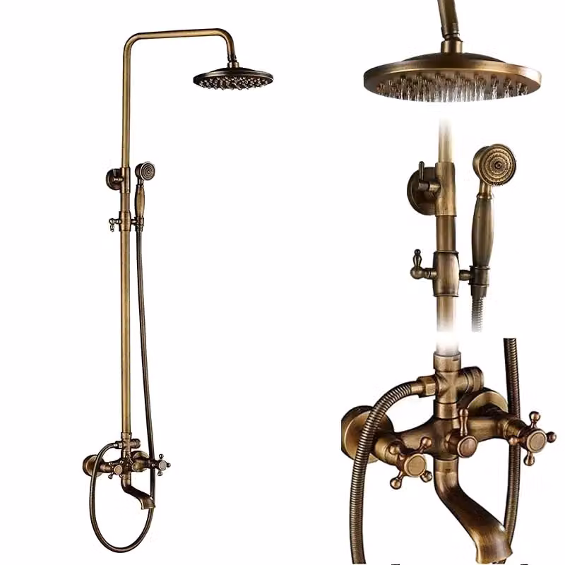 Set di rubinetti per doccia in ottone antico, soffione rotondo da 8 pollici, regolabile in altezza, FQT1, FQT1