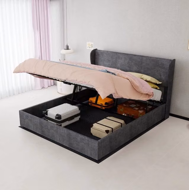 Letto matrimoniale imbottito 160x200 cm con testiera rivestita in tessuto; grigio