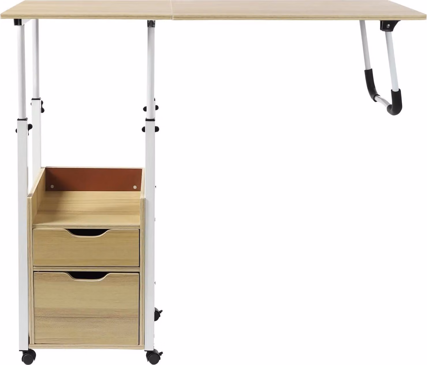 Comodino da letto - Comodino - Regolabile in altezza 70–88 cm - 4 rotelle piroettanti - Struttura in metallo - Design moderno - Legno chiaro
