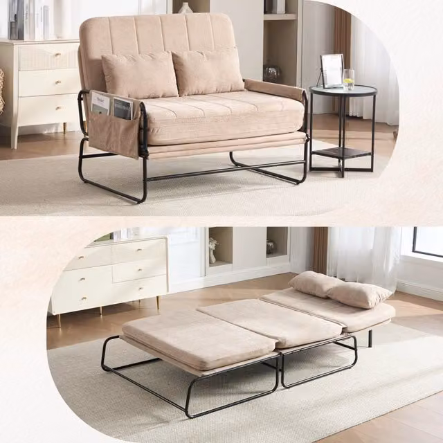Divano letto 2 posti ¨C Minimal ¨C Khaki in tessuto chenille con struttura in metallo e vani portaoggetti laterali