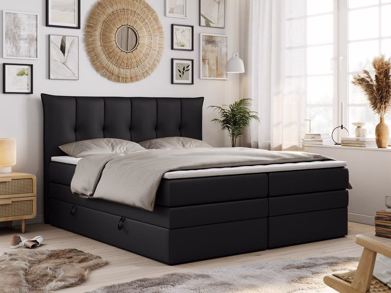 Letto boxspring con materasso a molle insacchettate a 7 zone e topper - PREMIUM-10-KING - 180x200 cm - Nero - H4