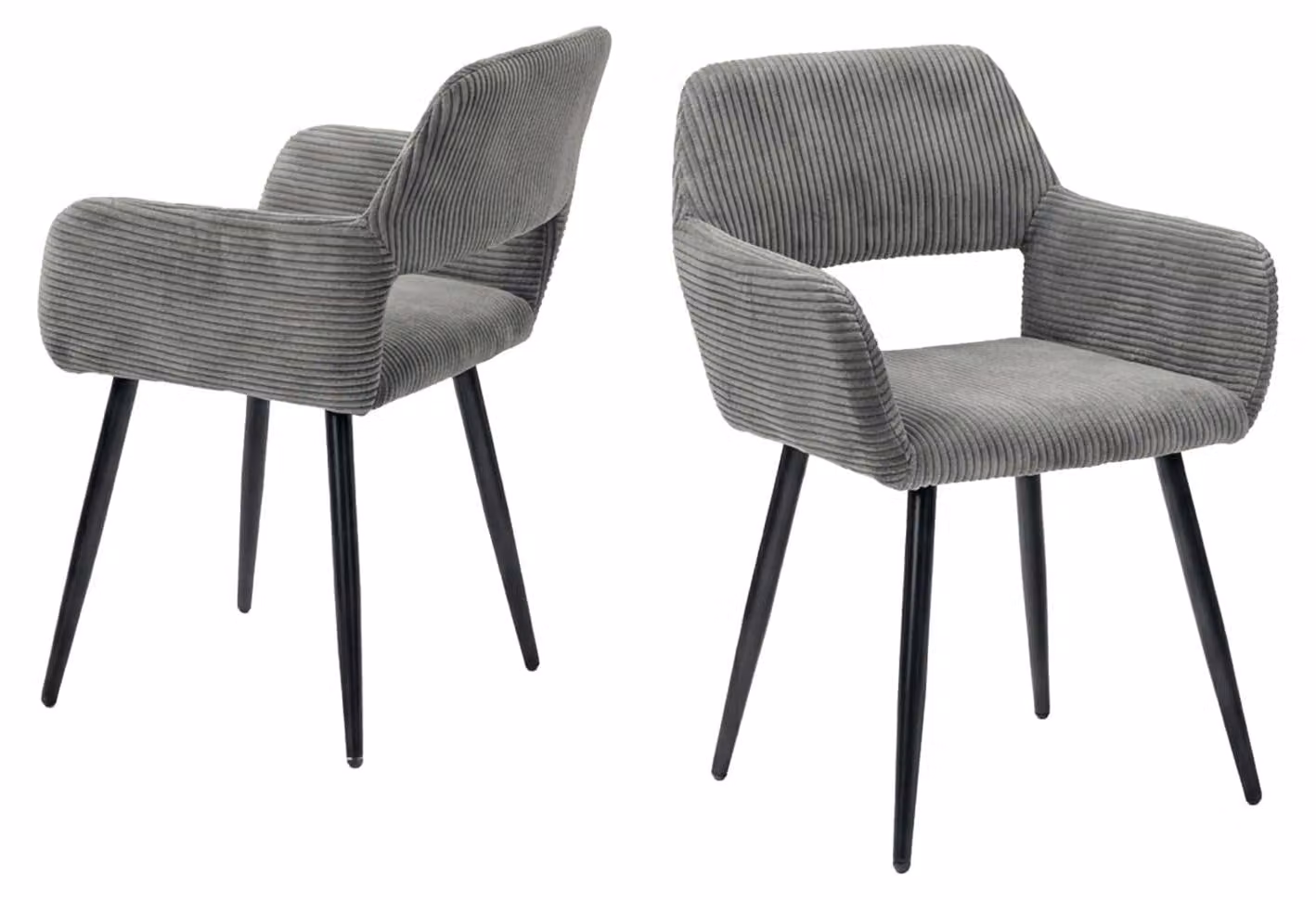 Set di 2 sedie da pranzo, rivestite in velluto effetto corduroy, colore grigio, con braccioli