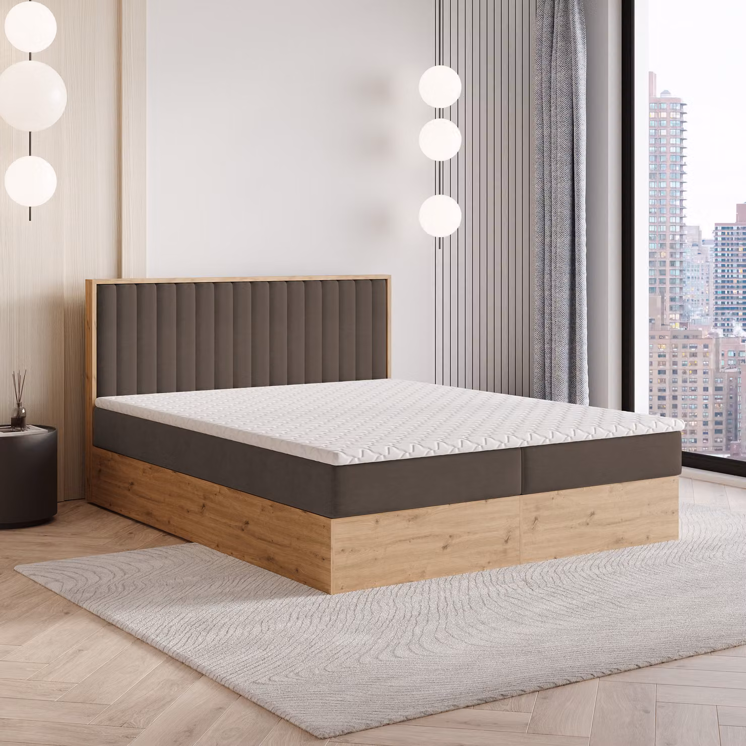 Letto a molle Masseno VARELI 160x200 cm completo di materasso e topper Bonell, letto imbottito con cassettiera - marrone, SORO 28