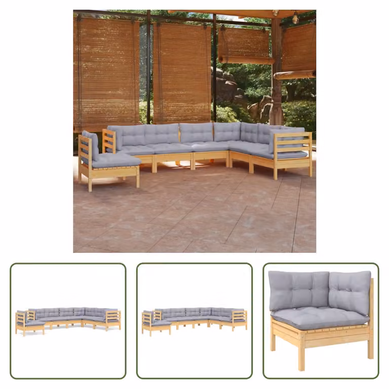 The Living Store Set da salotto da giardino 7 pezzi con cuscini grigi in legno di pino massiccio