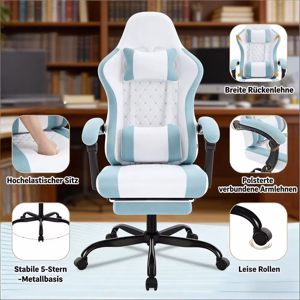 Sedia da ufficio gaming REDOM girevole con funzione massaggio e poggiatesta, Blu/Bianco, L/P/H: 70 x 70 x 127 cm – 2