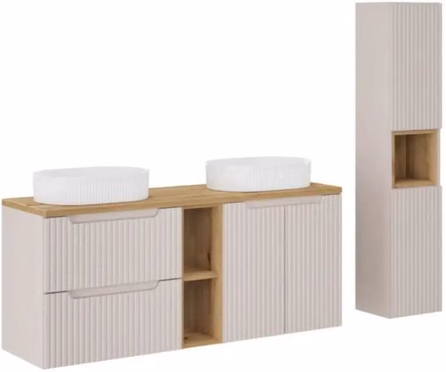 Set mobile bagno Meublorama VANO cashmere e quercia con lavabi da appoggio e colonna, L: 170 cm – 1