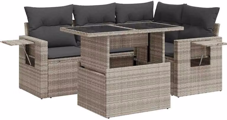 Set Divano da Giardino 5pz con Cuscini Grigio Chiaro Polyrattan