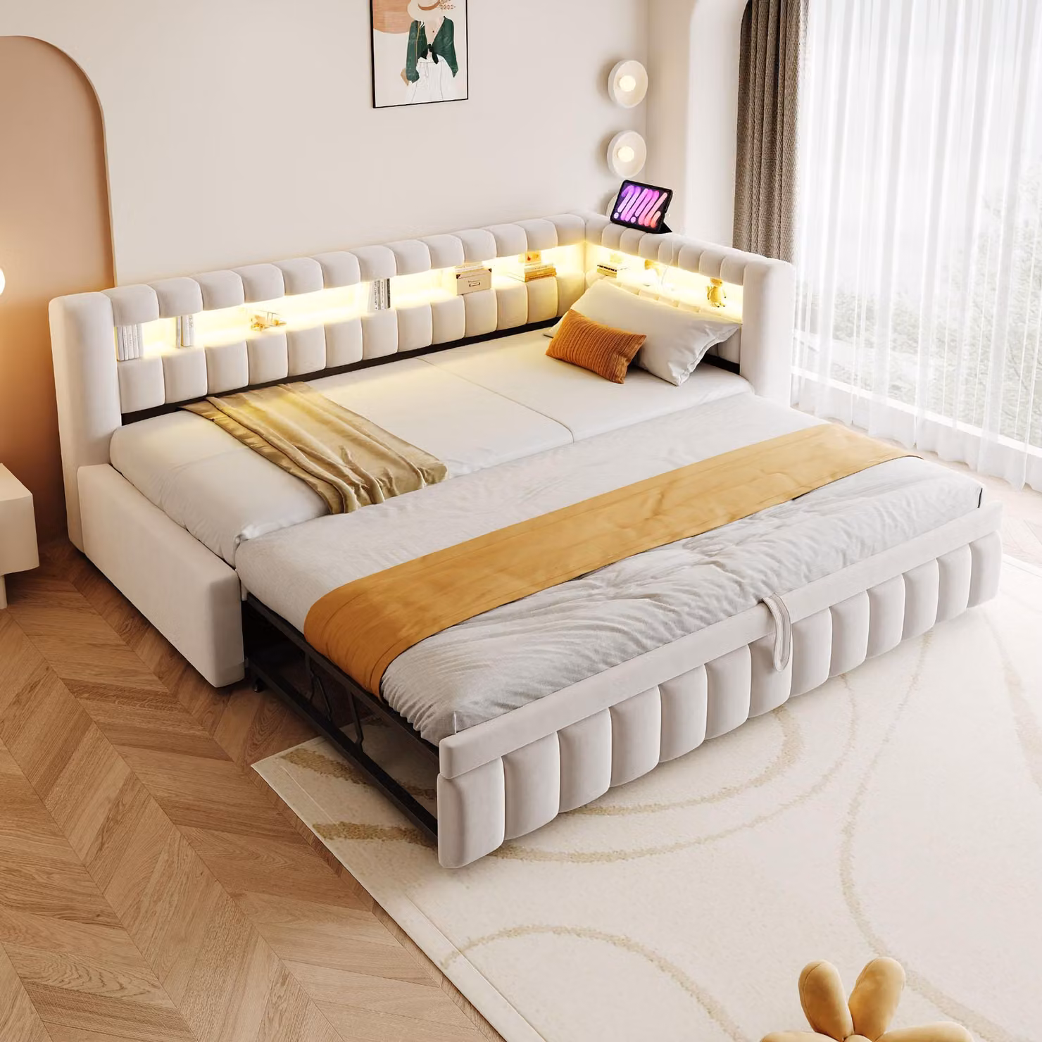 Letto imbottito MODFU, modello daybed, 90 x 200/190 cm, in velluto, divano letto con meccanismo estraibile, daybed con illuminazione LED e porta USB/Type-C, color beige (con due materassi)