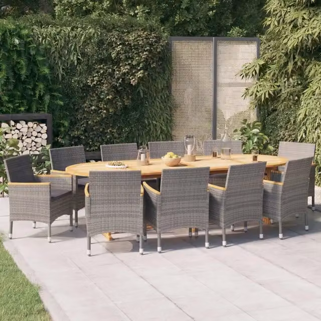 Set da pranzo per giardino vidaXL in legno di acacia con 11 pezzi e cuscini grigi