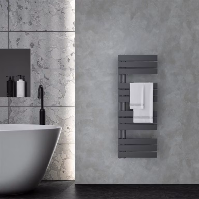 VILSTEIN radiatore elettrico per bagno, radiatore per asciugamani aperto lateralmente, asciugatore per bagno, radiatore a parete, scaldasalviette per bagno, radiatore per asciugamani, nero, 120x45 cm