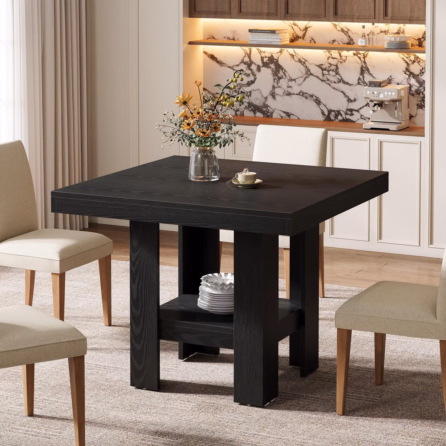 Tavolo quadrato da pranzo di 80 cm, adatto per 4 persone, con vano portaoggetti, ideale per cucina, soggiorno e ristoranti, colore nero