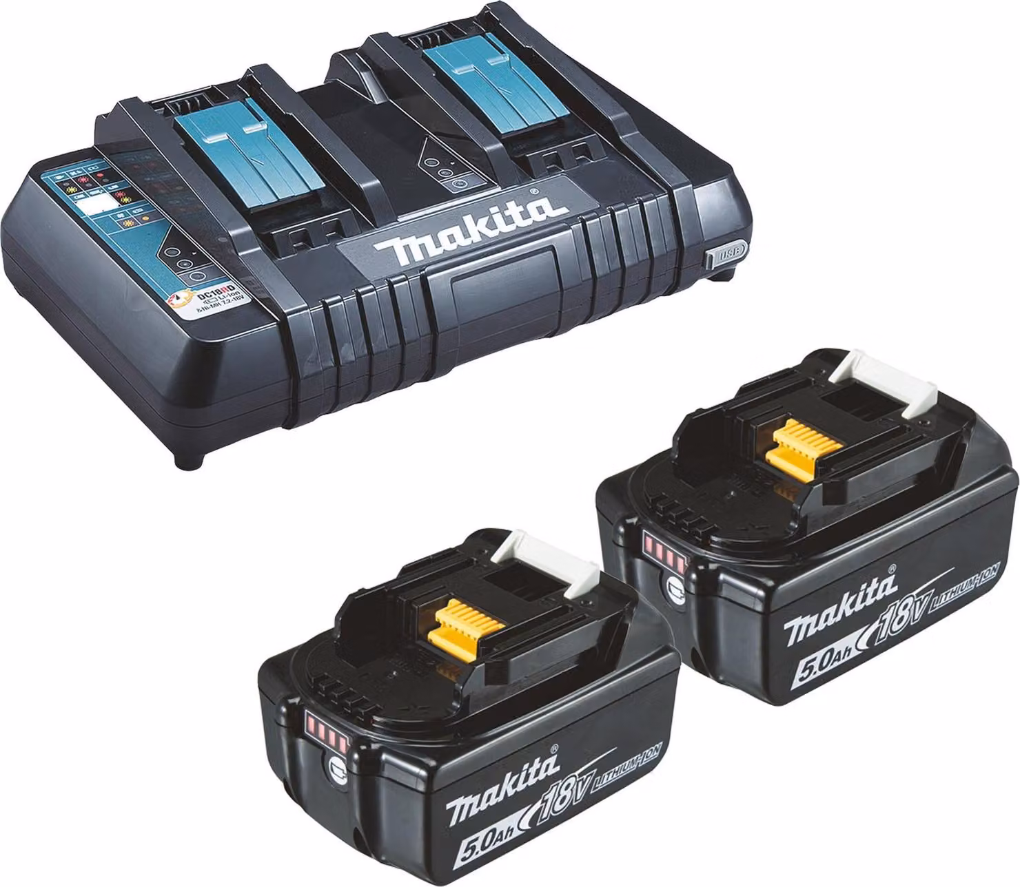 Makita 2x BL1850B batteria 5,0 Ah 18V Li-Ion + caricatore rapido doppio DC18RD - DC18RD-BL1850-2x