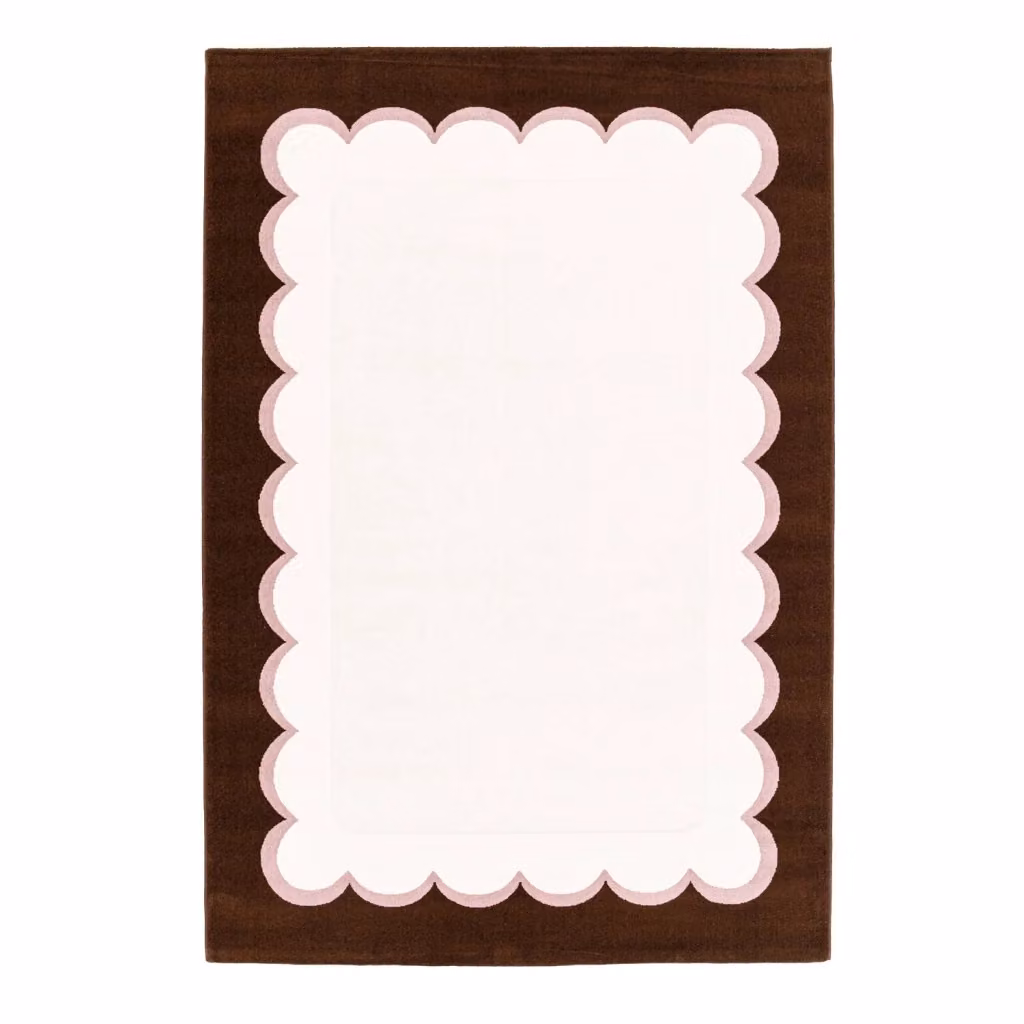 Tappeto da interno moderno SWEEEK con design astratto nei toni del rosa e marrone in polipropilene e poliestere, adatto a riscaldamento a pavimento e certificato Oeko-Tex Standard 100 – 2