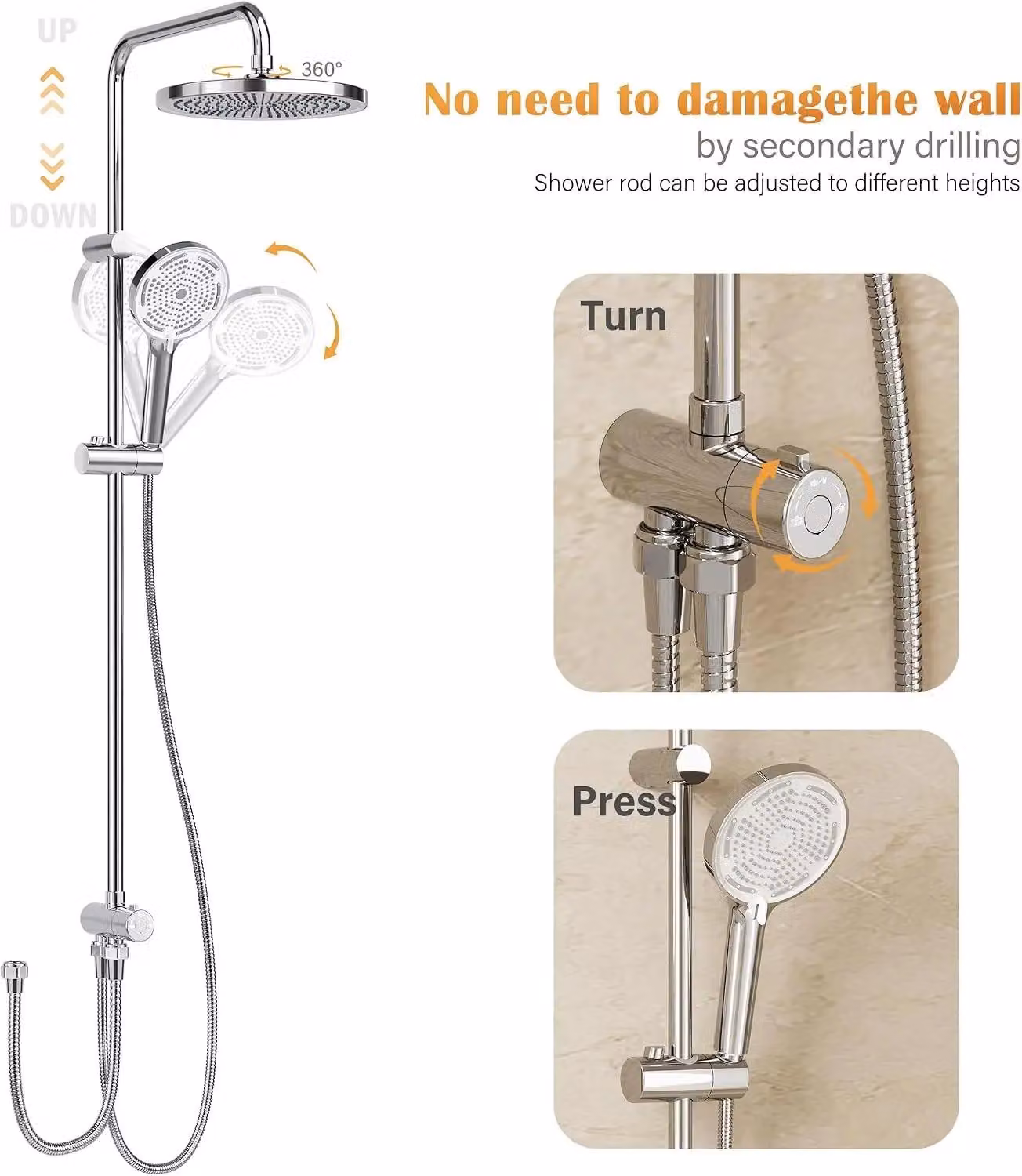 Sistema doccia - Set di barra doccia regolabile - Doccia a pioggia - Doccetta manuale con 3 getti - Doccetta a testa rotonda da 25 cm - Acciaio inossidabile - Senza miscelatore - Cromata