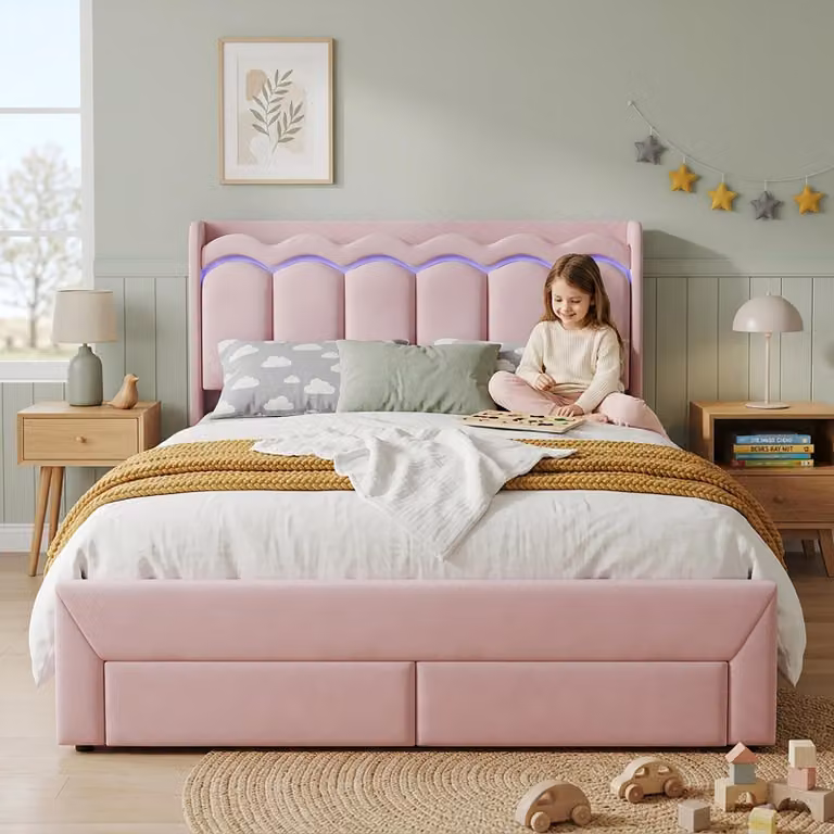 Letto imbottito per bambini, dimensioni 140 x 200 cm, con testiera a forma di onda e ripiano, due cassetti situati alla base del letto e illuminazione LED controllabile tramite app, colore rosa