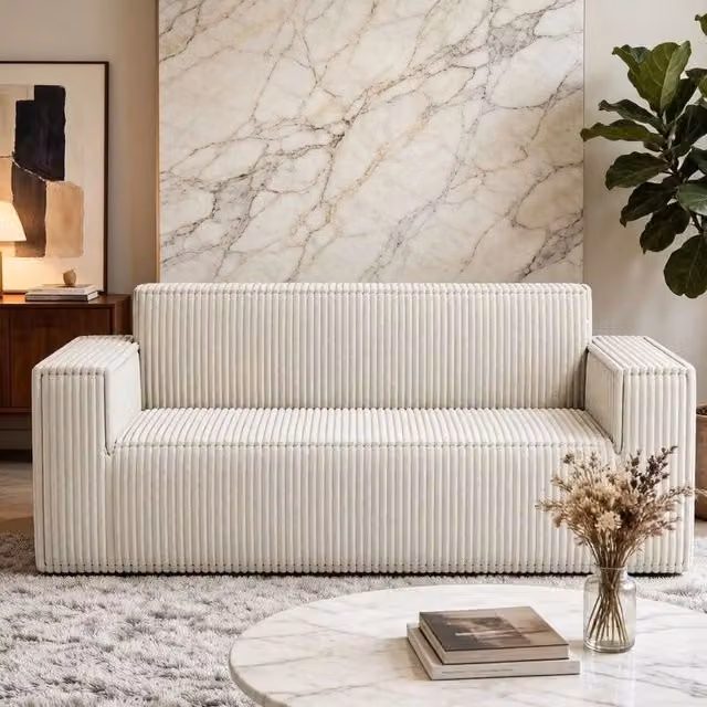 Divano 2 posti 178x86x70 cm bianco sporco, tessuto a coste, senza montaggio