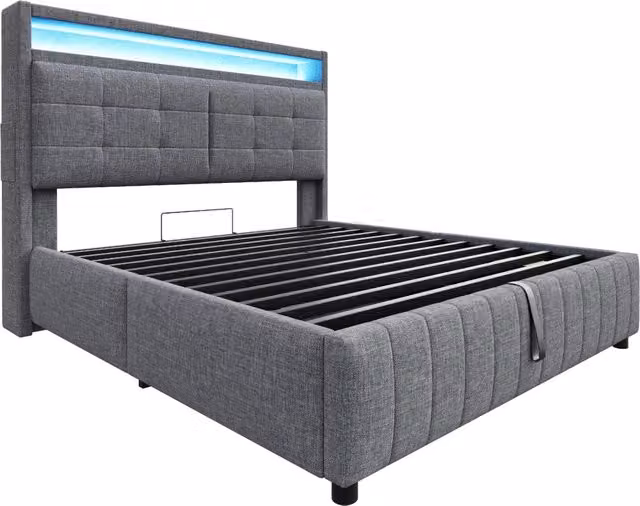Letto imbottito 160x200 cm in lino grigio con illuminazione LED, porta USB, contenitore idraulico e testiera con mensole