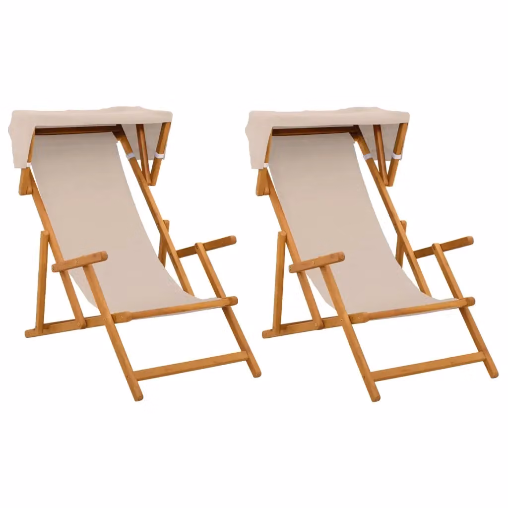 Set di 2 lettini da giardino vidaXL in legno di eucalipto oliato con tendalino beige – 2