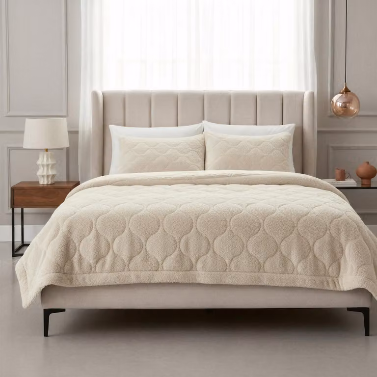 Coperta matrimoniale in stile teddy, beige, dimensioni 240 x 200 cm, ideale per letti matrimoniali, include federe, perfetta per la camera da letto