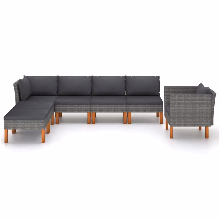 set 7 pezzi da giardino in poly rattan e legno di eucalipto grigio