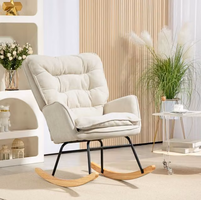 Poltrona a dondolo con braccioli in tessuto di ciniglia beige, fino a 120 kg, per soggiorno e camera da letto