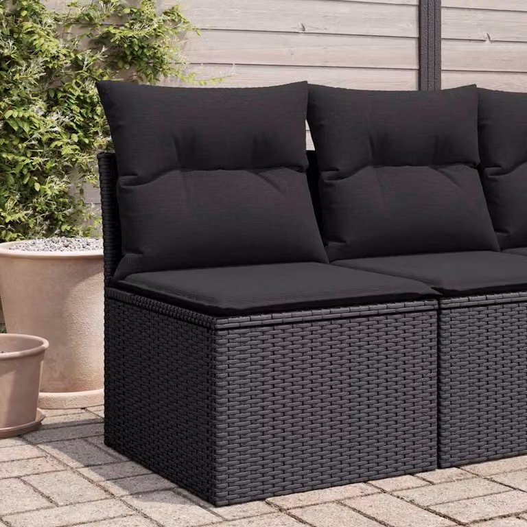 Sedia da giardino senza braccioli vidaXL in polyrattan nera con cuscini