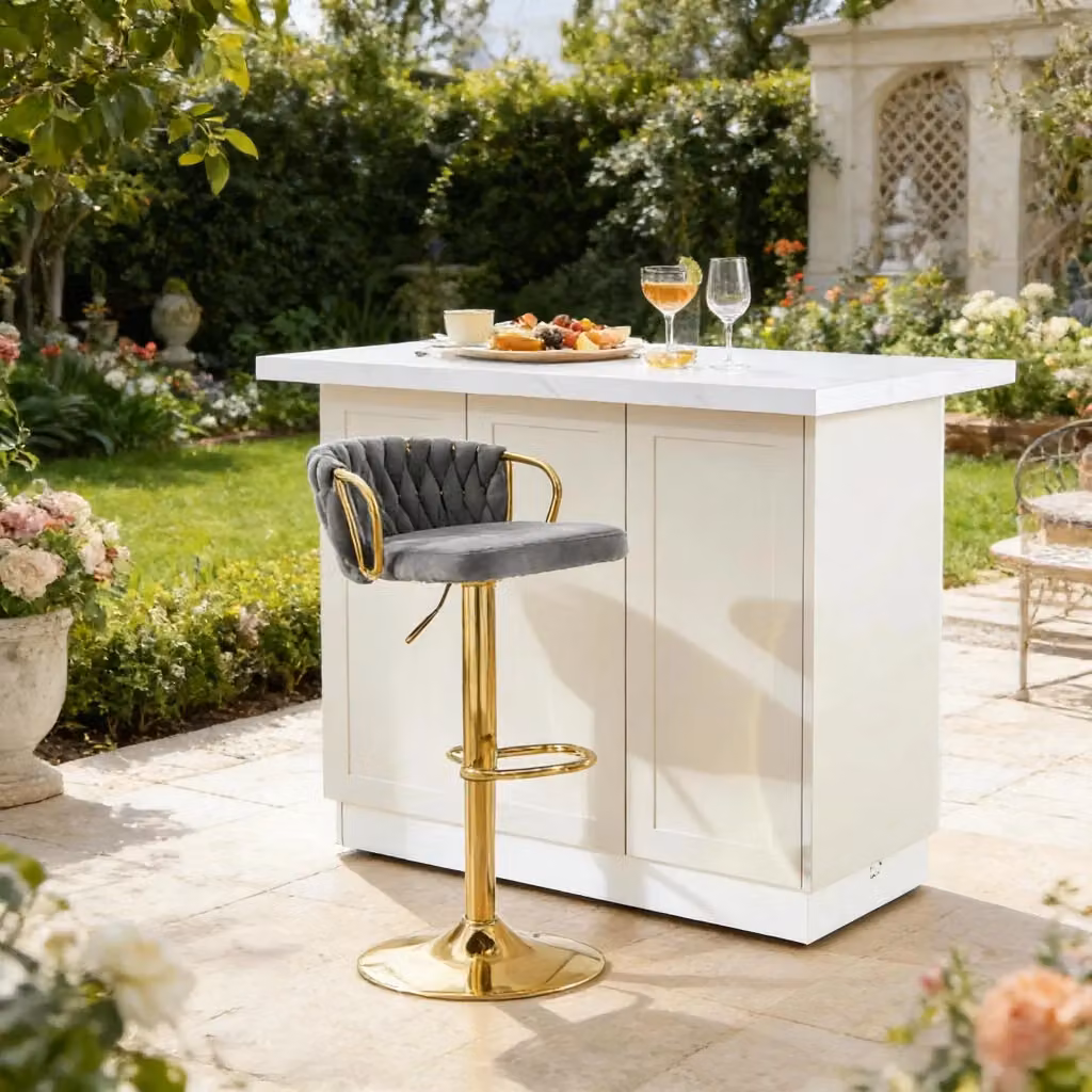 Sedia Bar REDOM Girevole a 360 gradi Regolabile in Velluto Grigio con Base in Metallo L: 49,5 cm, P: 50,5 cm, H: 77-98 cm – 2