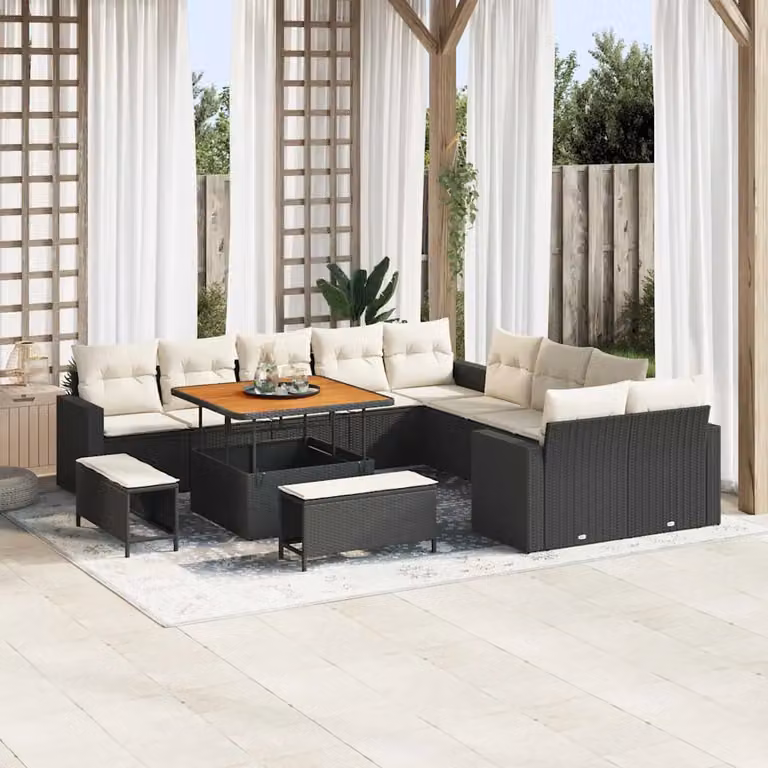 Set Divano da Giardino vidaXL 17 Pezzi a Forma di L con Cuscini Nero e Beige