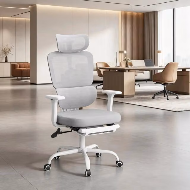 Sedia da Ufficio Ergonomica WISHDOR Girevole a 360 Gradi in Tessuto Grigia e Bianca con Poggiatesta e Braccioli – 1