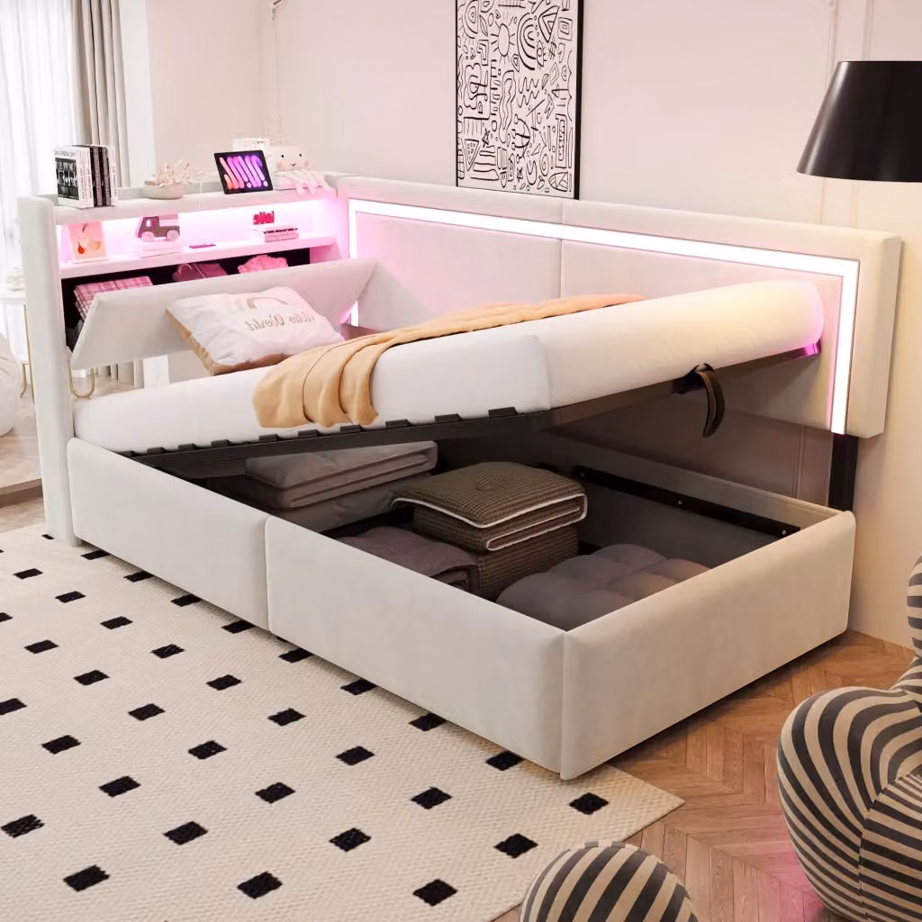 Divano letto Mivray in velluto beige con contenitore idraulico, testiera con ripiani, illuminazione LED e porte USB, L/P/H: 200 x 90 x 55 cm – 2