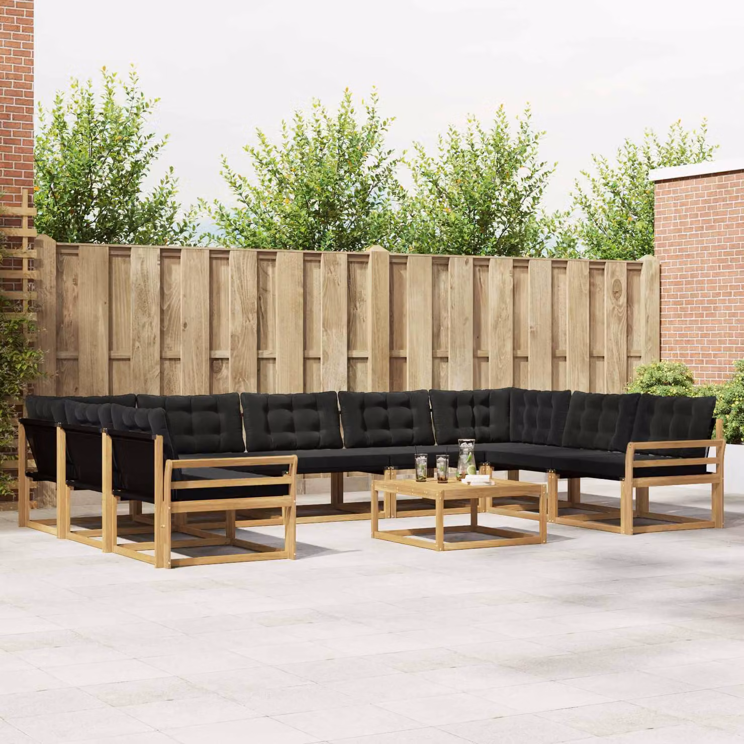 Set di divani da esterno vidaXL a forma di U composto da 10 pezzi in legno di acacia e textilene, Bianco e Nero