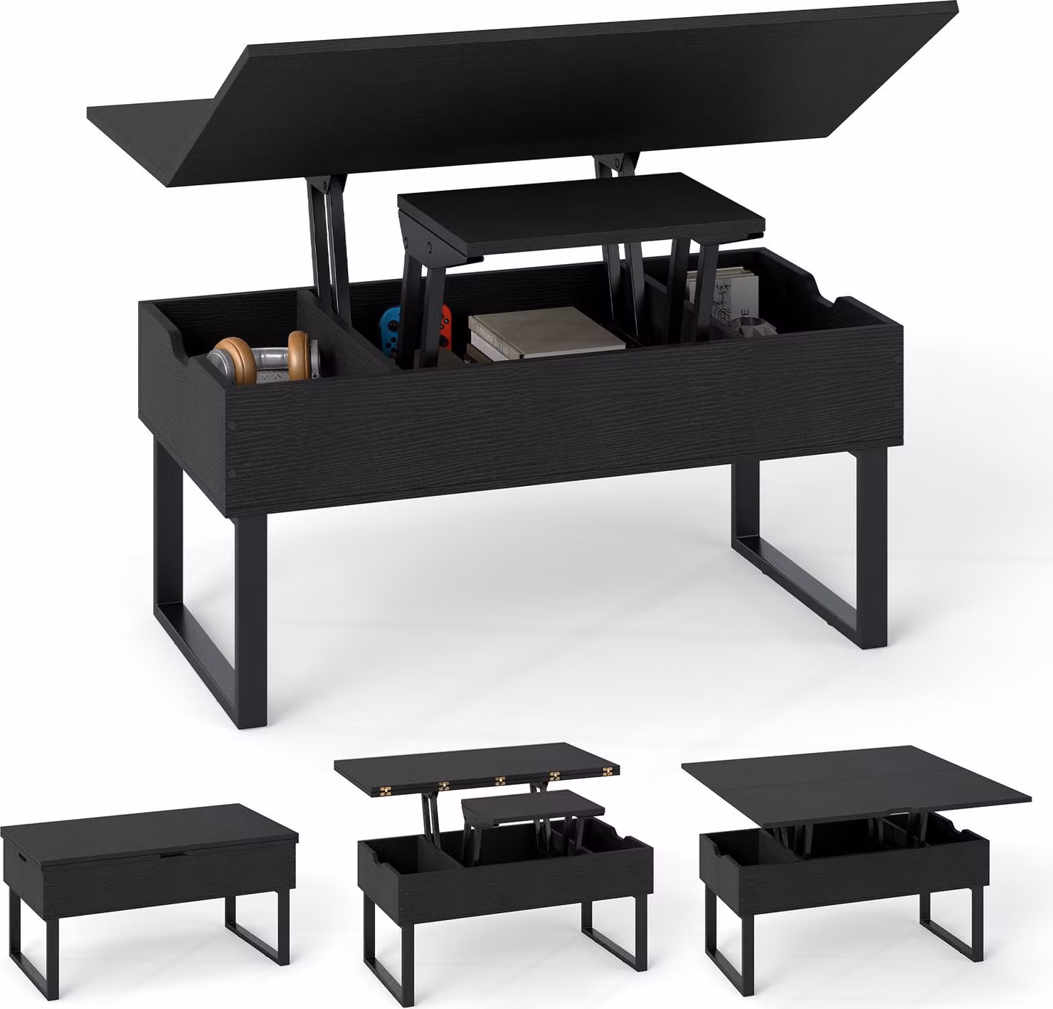 COSTWAY Tavolino regolabile in altezza, tavolino da salotto 3 in 1 con 3 scomparti nascosti, tavolino da caffè trasformabile in tavolo da pranzo, tavolino da divano in legno, nero
