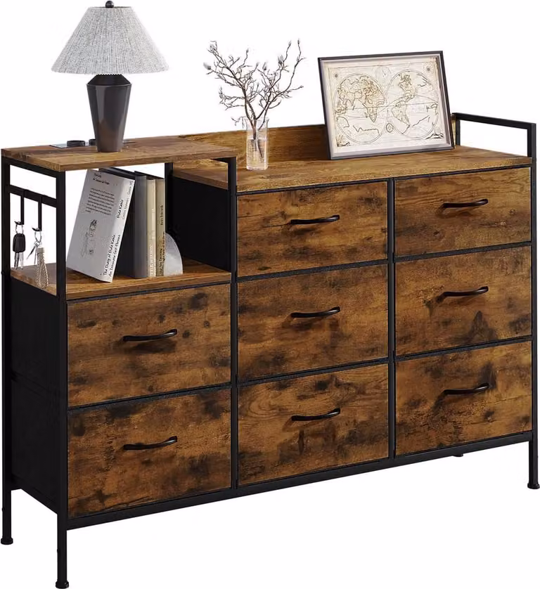 Comodino con 8 cassetti e prese di corrente | Colore marrone vintage | 132x30x88 cm
