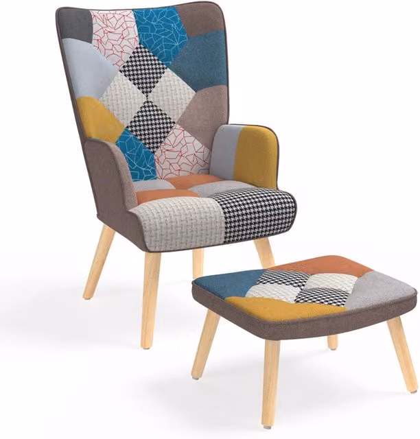 Poltrona scandinava IDMarket IVAR con poggiapiedi in tessuto patchwork multicolore e struttura in legno massiccio – 1