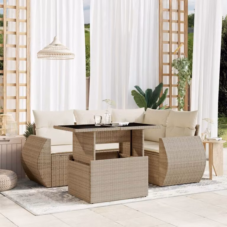 vidaXL Set Divano da Giardino 5 pz a L con Cuscini Beige e Tavolino in Vetro e Polyrattan