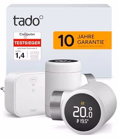 Termostato intelligente per radiatori tado° X – Starter Kit con Bridge X, controllo del riscaldamento tramite app e altoparlante smart, non compatibile con V3+