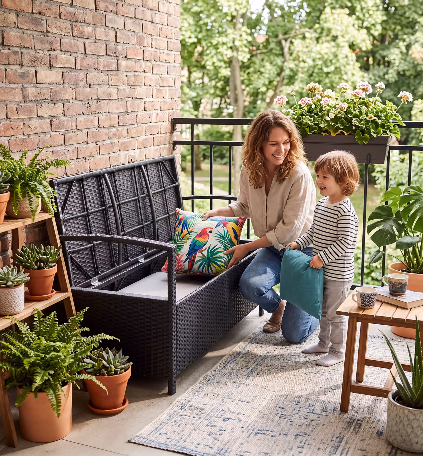 Panchina da giardino a 2 posti Tectake in rattan nero con vano portaoggetti e cuscini inclusi – 3