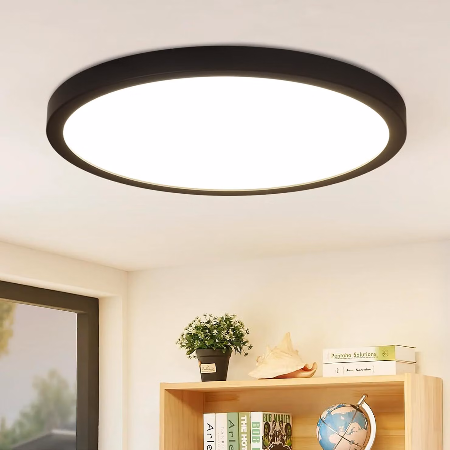 ZMH Lampada da soffitto a LED 24W, rotonda e piatta, 4000K, bianco neutro, ultra sottile, illuminazione da soffitto per soggiorno e ufficio, nera