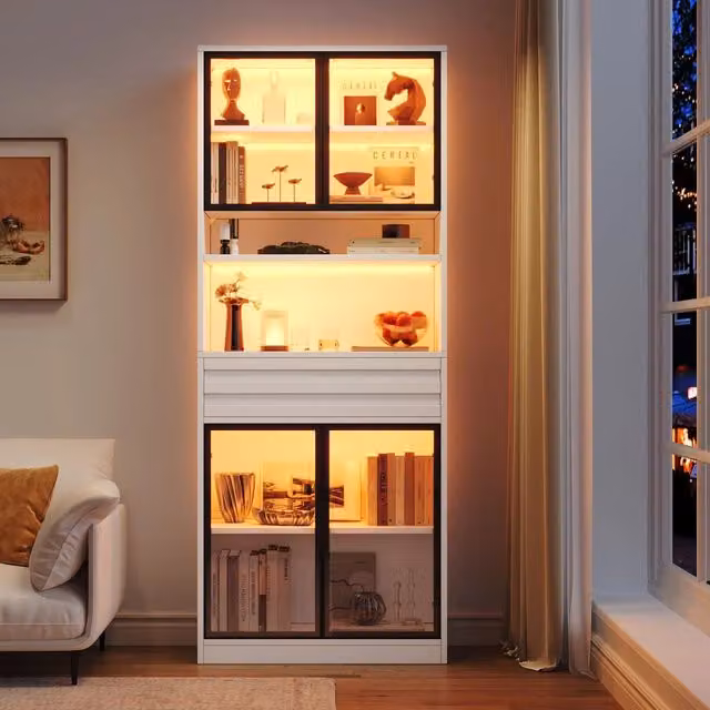 Vetrina, libreria, 80 x 35 x 200 cm, 4 ante in vetro, con cassetti, illuminazione a LED, bianca