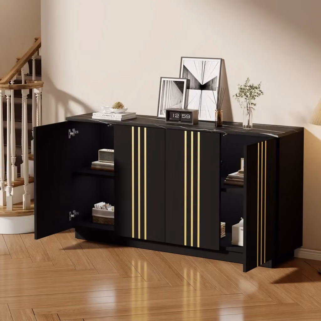 Madia Mivray a 4 ante con divisori regolabili, design moderno nero e oro, L 140 x P 35 x H 70 cm – 2
