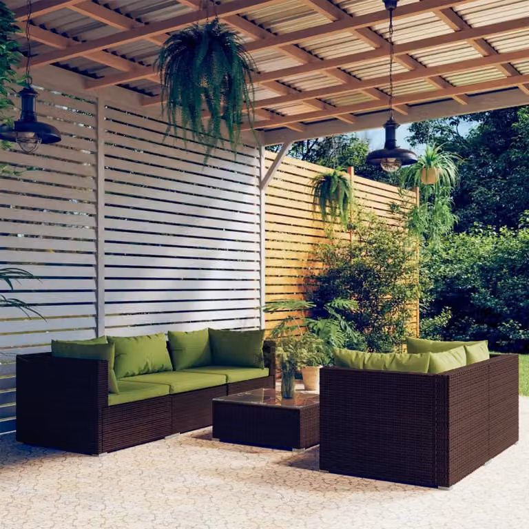 The Living Store Set da giardino da 6 pezzi con cuscini in poly rattan marrone