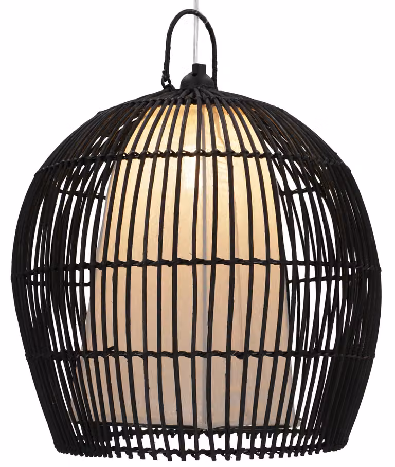 Lampada da soffitto / lampada a sospensione, realizzata a mano a Bali con materiali naturali, rattan, cotone - Modello Camilio Nero, rattan, tessuto di cotone, 37*37*37 cm, lampade a sospensione in materiali naturali