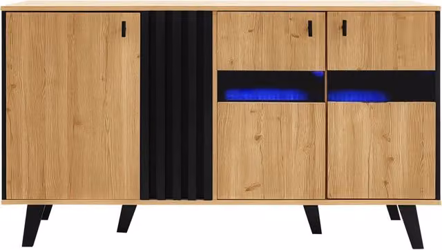 Sideboard 140x78,5x41 cm in legno e nero con LED, ripiani interni e porta a vetro