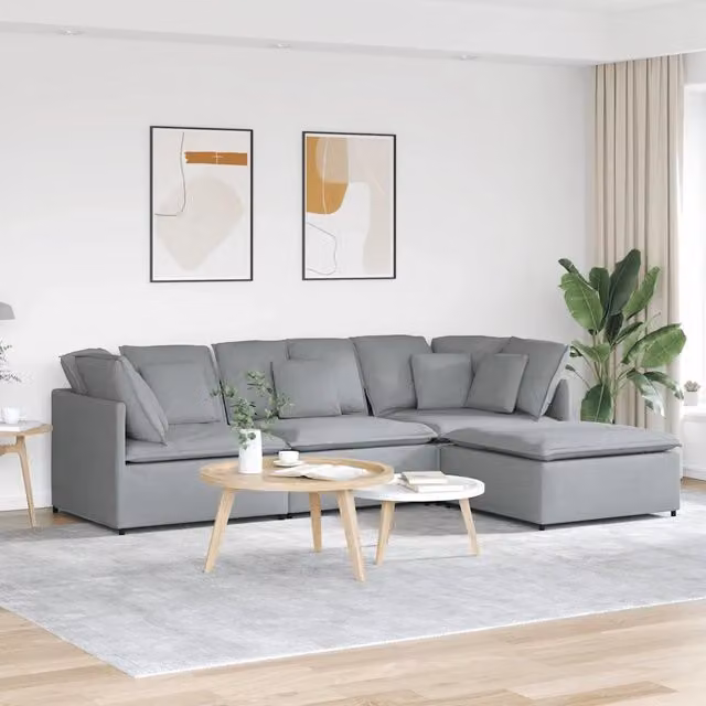 Divano Modulare con Poggiapiedi e Cuscini Tessuto Grigio Chiaro 3321297
