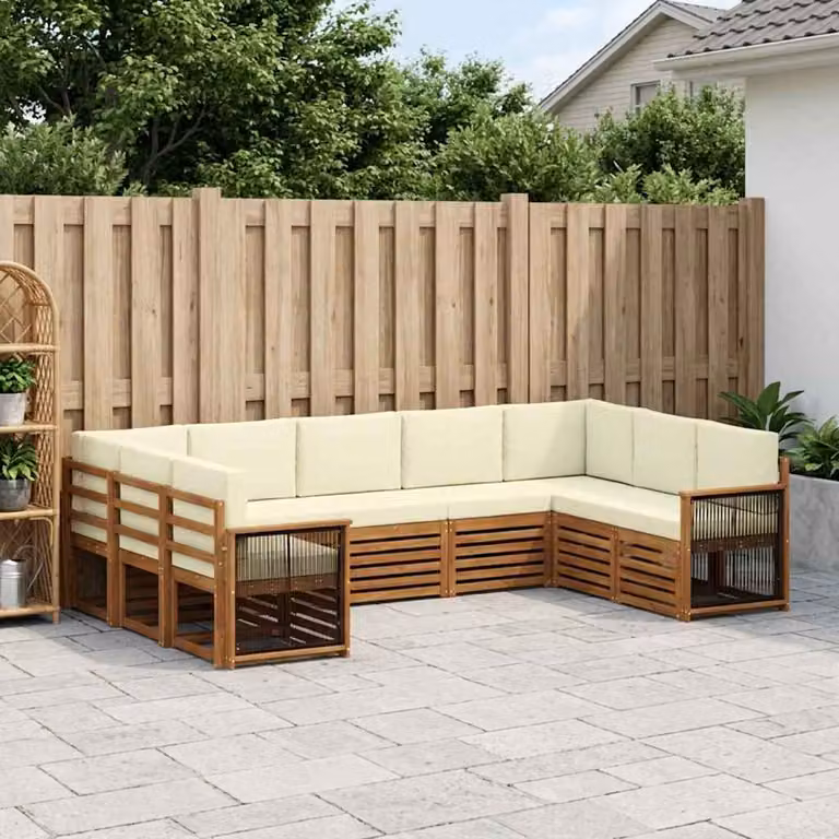 Set di divani da esterno vidaXL a forma di L composto da 7 pezzi in legno di acacia con cuscini in tessuto beige e crema