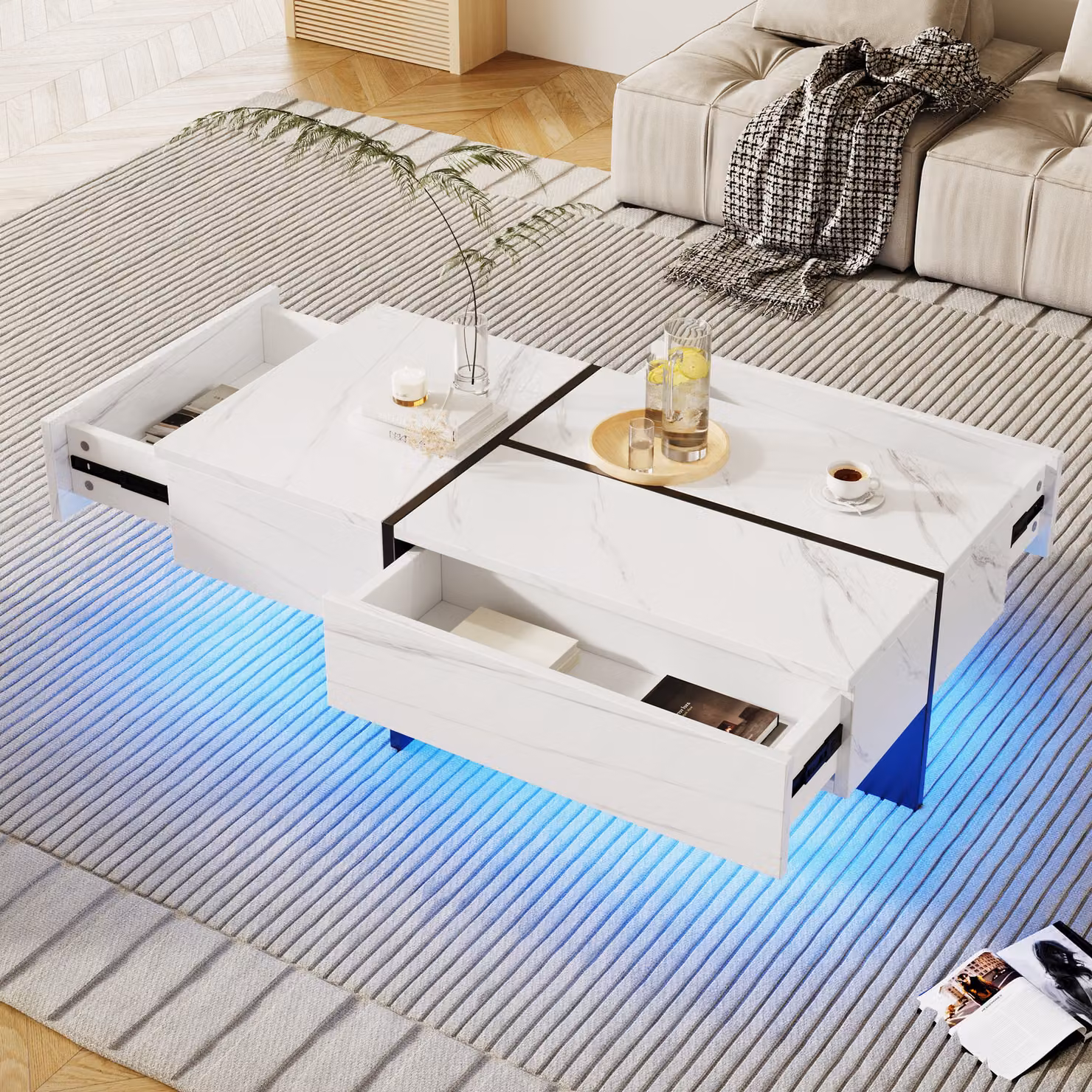 MODFU Tavolino da caffè lucido con illuminazione a LED controllata da app, tavolino rettangolare con 3 cassetti, tavolino da salotto100x50x34.5cm, bianco