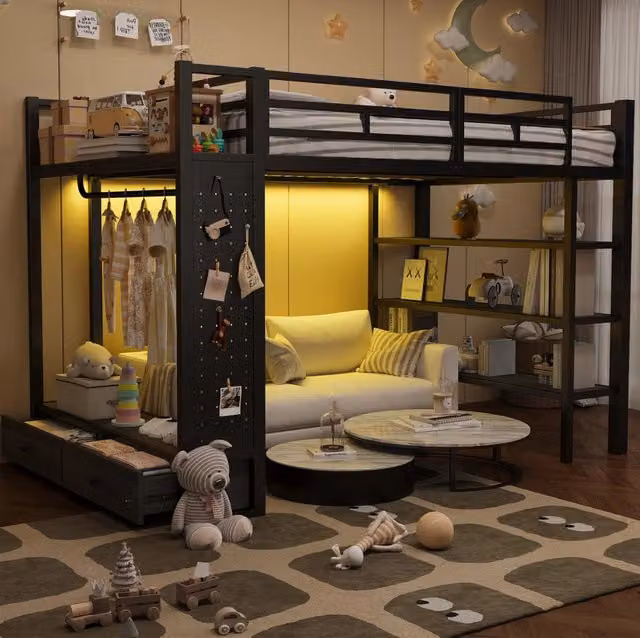 Letto a soppalco 140x200 cm in metallo e MDF; nero; con armadio aperto; ripiani; LED e parete forata